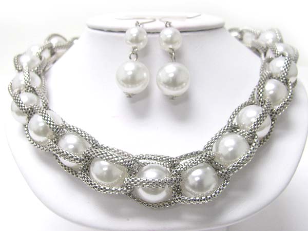 Pearl ball and metal tube chain necklace earring set