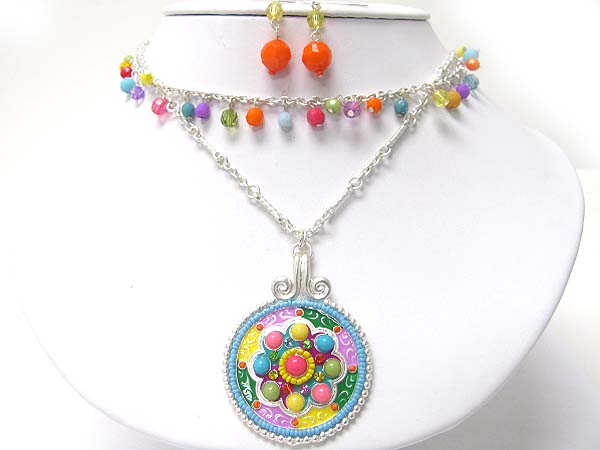 Enamel and beads deco round metal medal and beads dangle necklace earring set