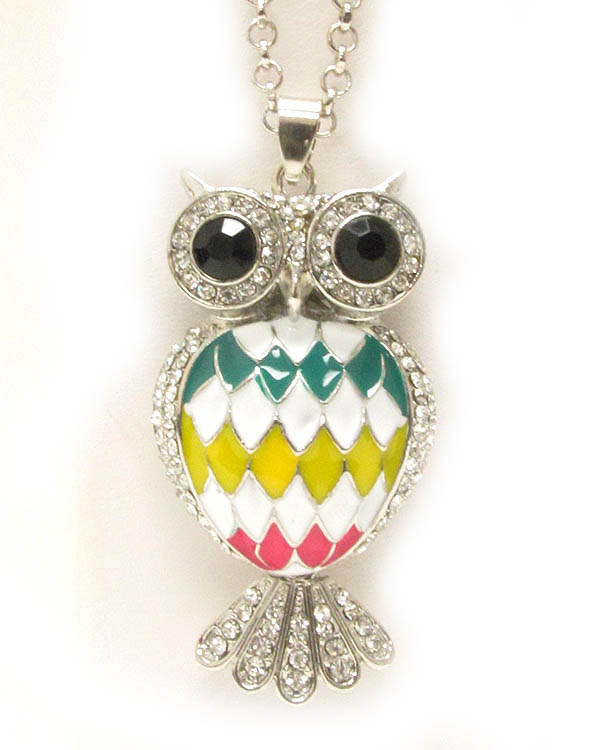 Crystal eye and paint body large owl long necklace