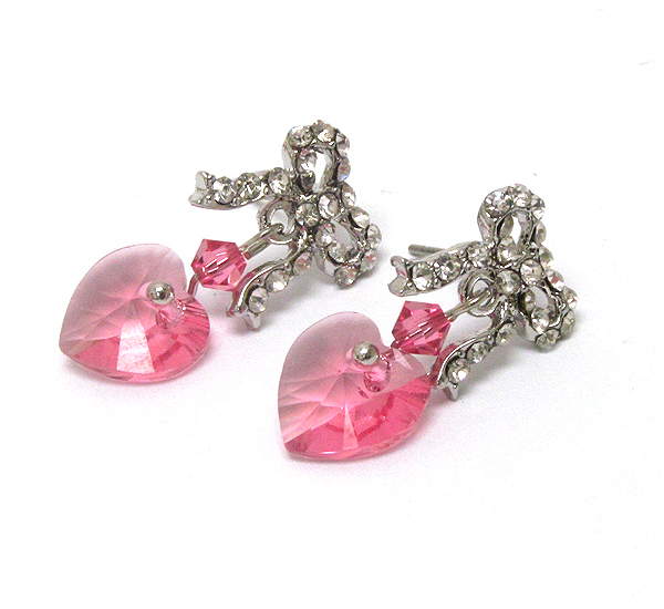 Swarovski crytal heart and ribbon drop earring - made in usa -valentine