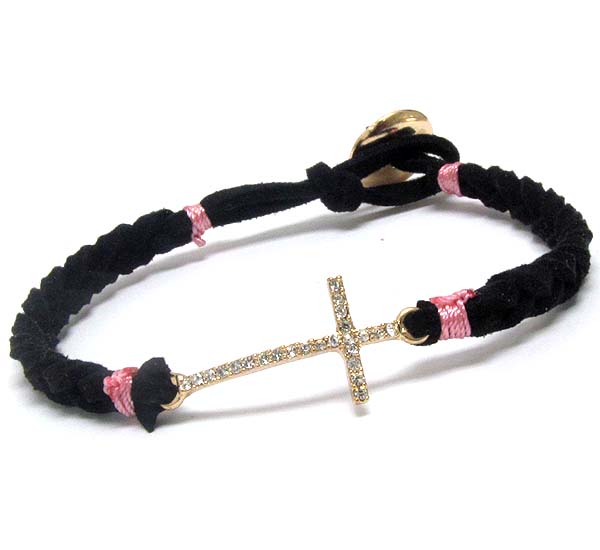 Crystal cross and woven leatherette band bracelet