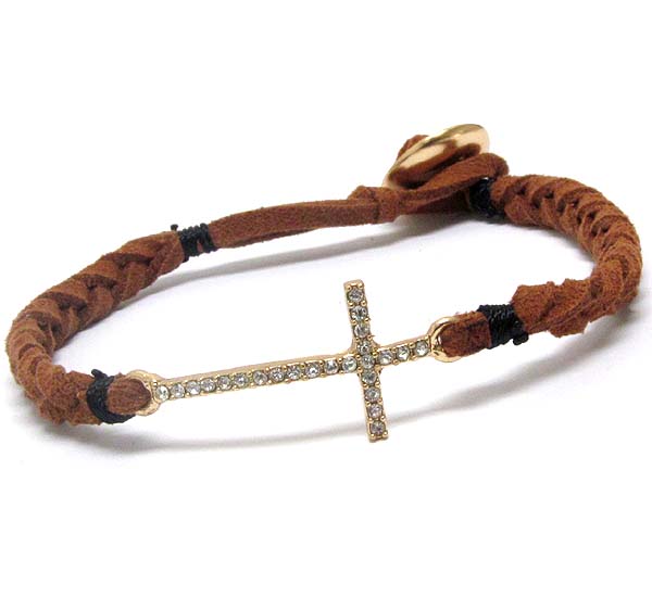 Crystal cross and woven leatherette band bracelet