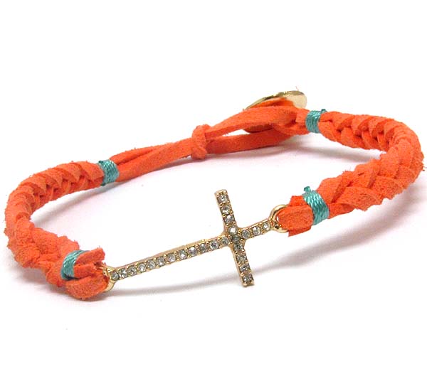 Crystal cross and woven leatherette band bracelet