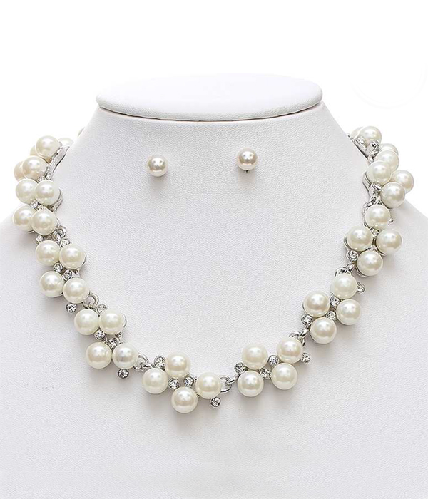 Genuine fresh water pearl and crystal cluster necklace set