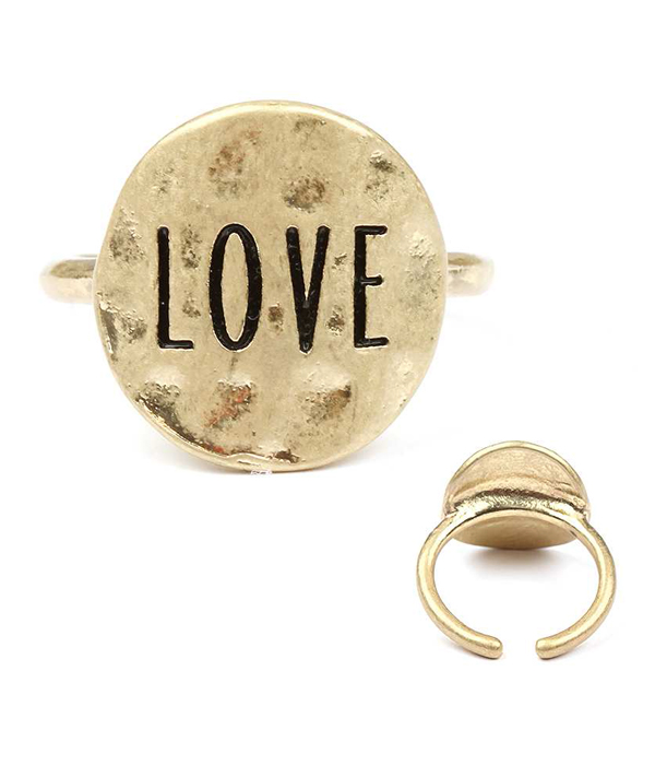 Handmade metal disk ring - love