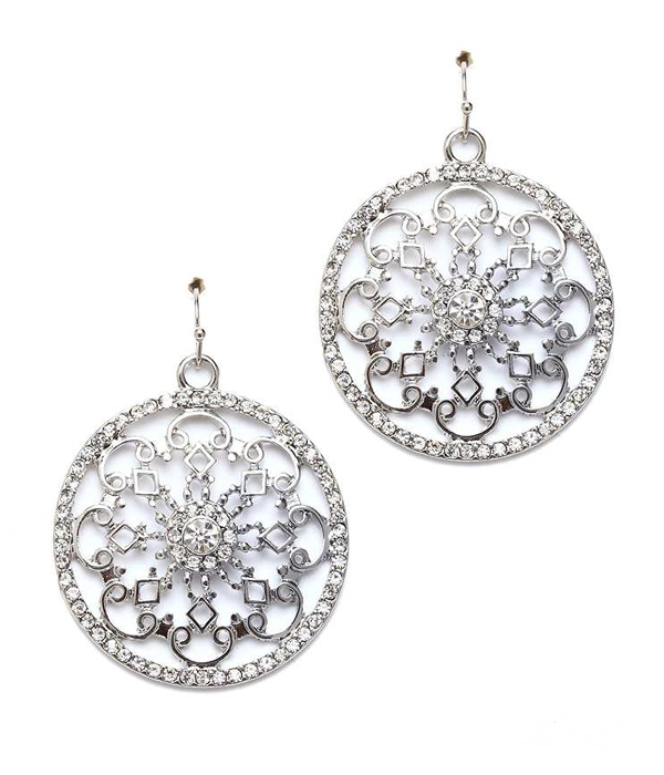 Edge crystal metal filigree round earring