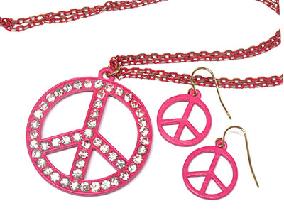 Crystal peace pendant double strands necklace and earring set