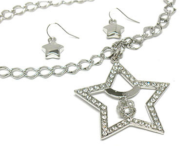 Crystal side deco star pendant with crown dangle chain necklace and earring set