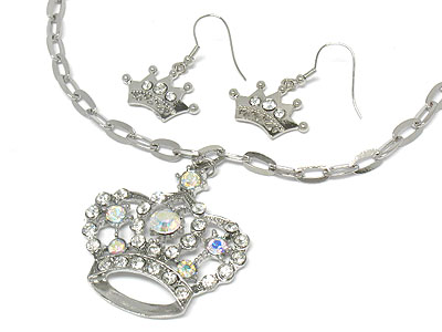 Crystal deco crown pendant chain necklace and earring set 