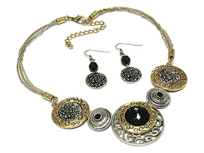 Antique style casting metal round pendant with acryl bead double lines necklace and earring set 