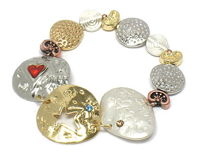 Multi material disk link with heart and star stretch bracelet