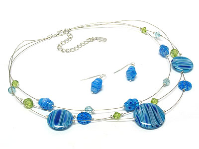 Glass marble and acryl bead triple strand necklace and earring set 