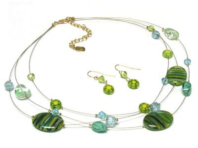 Glass marble and acryl bead triple strand necklace and earring set 