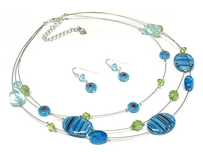 Glass marble and acryl bead triple strand necklace and earring set