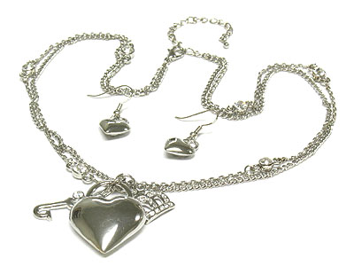 Metal heart pendant and crystal key and crown charm double strand with crystal stone necklace and earring set 