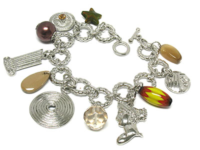 Multi acrylic bead and metal disk charms toggle bracelet 