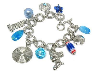 Multi acrylic bead and metal disk charms toggle bracelet