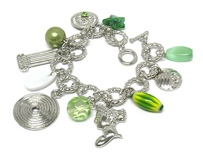 Multi acrylic bead and metal disk charms toggle bracelet