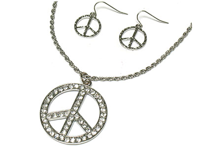 Crystal deco peace pendant necklace and earring set