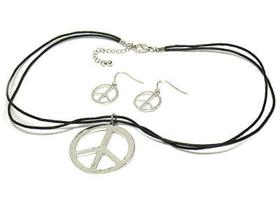 Metal plain peace pendant double cord necklace and earring set