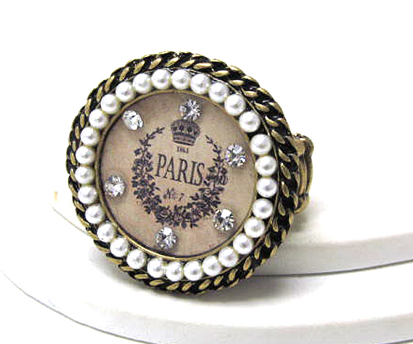 Pearl and crystal deco round stretch ring - paris pic