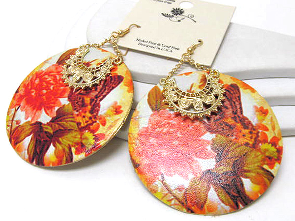 Metal with leather round fashion prited butterfly and flower drop earring