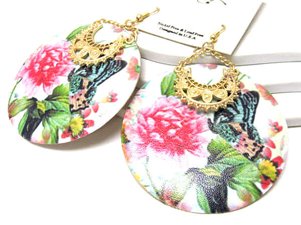 Metal with leather round fashion prited butterfly and flower drop earring