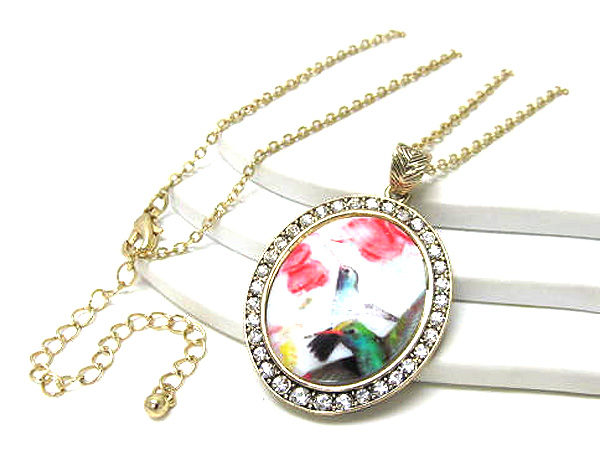 Crystal metal oval shell prited hummingbird long necklace earring set