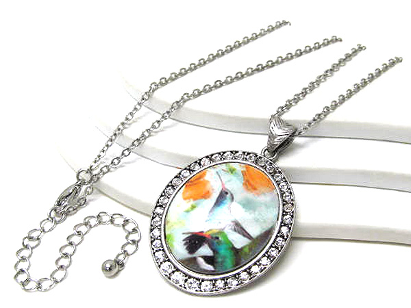 Crystal metal oval shell prited hummingbird long necklace earring set