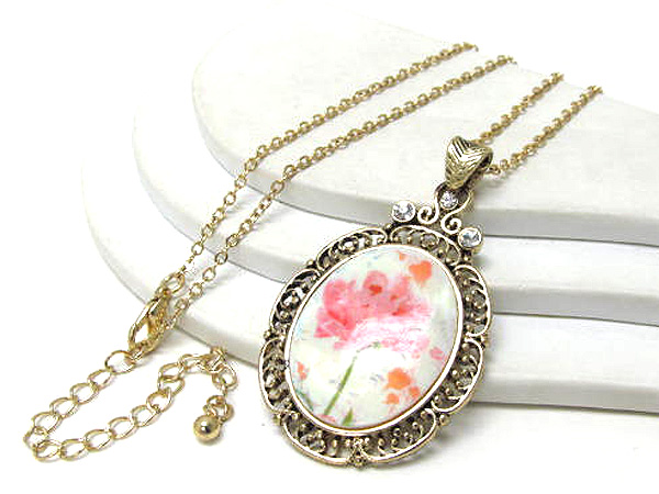 Crystal metal oval shell prited blooming flower long necklace earring set