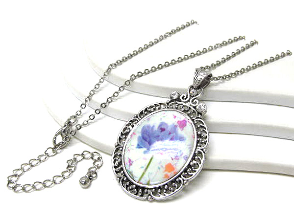 Crystal metal oval shell prited blooming flower long necklace earring set