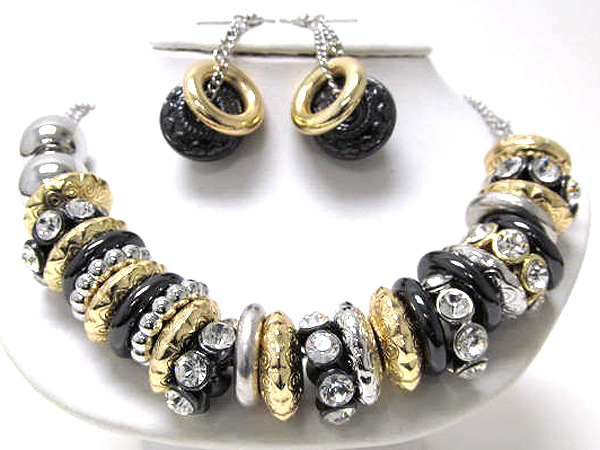 Crystal and multi mixed metal rings necklace earring set