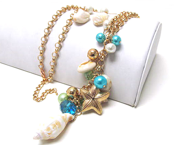 Multi pearl and sea life with crystal glass long chain necklace earring set