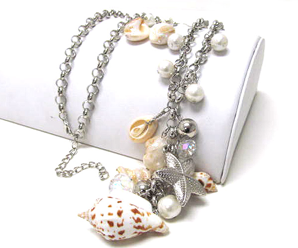 Multi pearl and sea life with crystal glass long chain necklace earring set