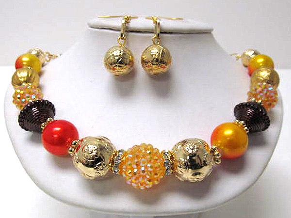 Multi pearl with fire balls and metal fashion balls chain necklace earring set