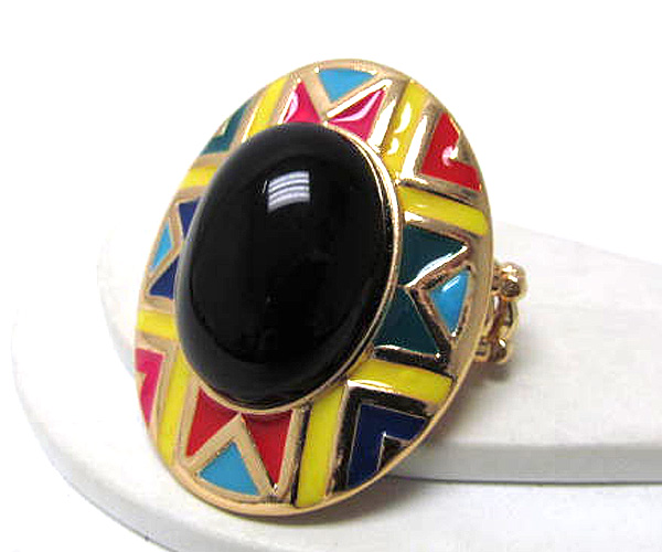 Metal oval azteca patern with center acryl stone stretch ring -western