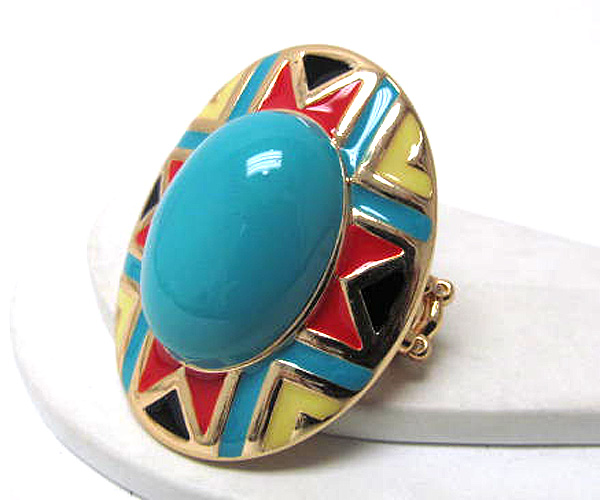 Metal oval azteca patern with center acryl stone stretch ring -western