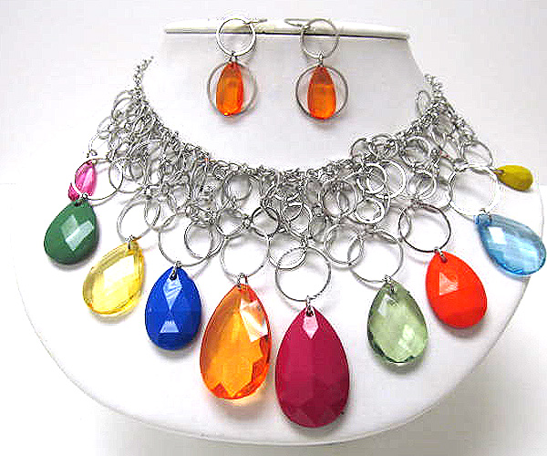 Multi crystal glass and acryl tear drop and multi metal small disk drop chain necklace earring set