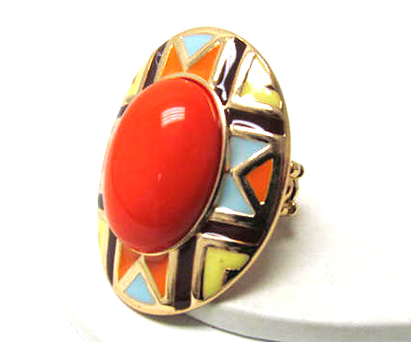 Metal oval azteca patern with center acryl stone stretch ring -western