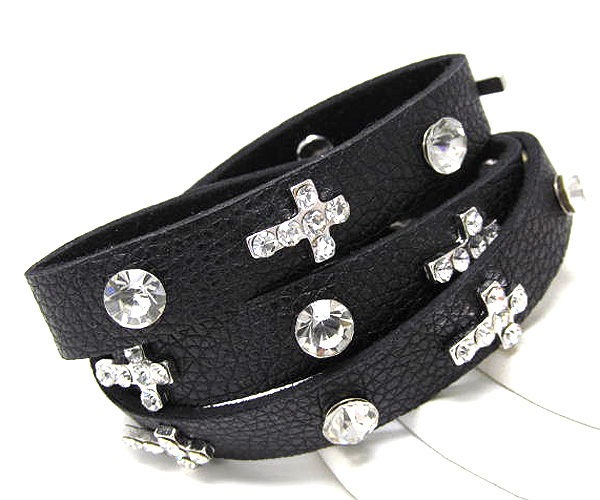 Multi crystal cross and metal on fashion leather bracelet button