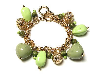 Vintage style natural stone and fillegree round metal ball dangle toggle bracelet