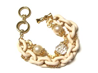 Multi line chain and pearl beads link multi line toggle bracelet