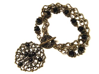 Antique style crystal deco fillegree round charm dangle three line chain bracelet