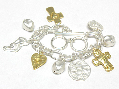 Two tone matt metal multi charm toggle bracelet