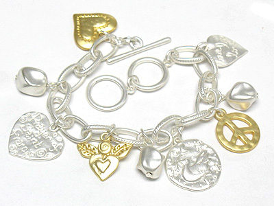 Two tone matt metal multi charm toggle bracelet