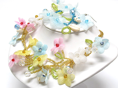 Crystal stud hand made flower blossom necklace and earring set