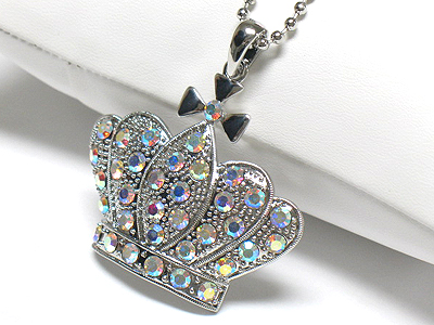 Large crystal crown pendant long necklace