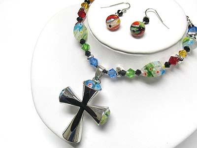 Fossil candy beads cross pendant neckalce and earring set