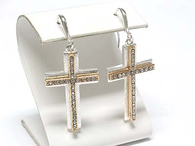 Crystal scratch metal cross earring - brass metal