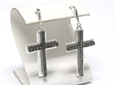 Crystal scratch metal cross earring - brass metal